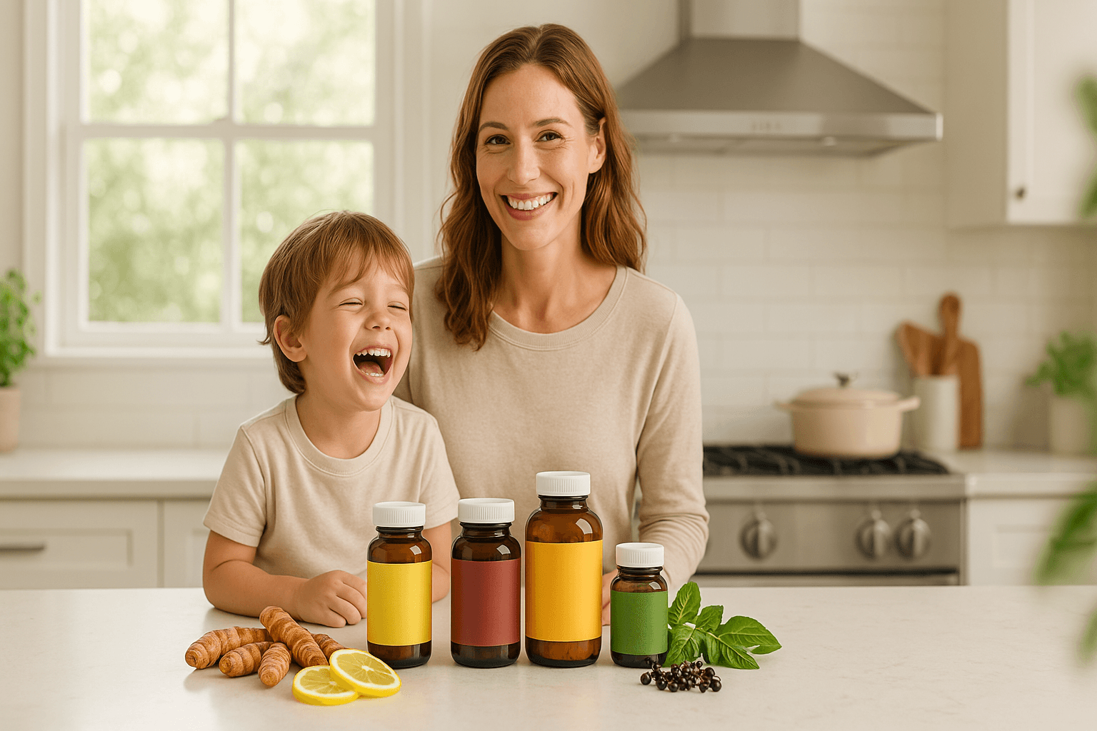 Happy family with supplement bottles
